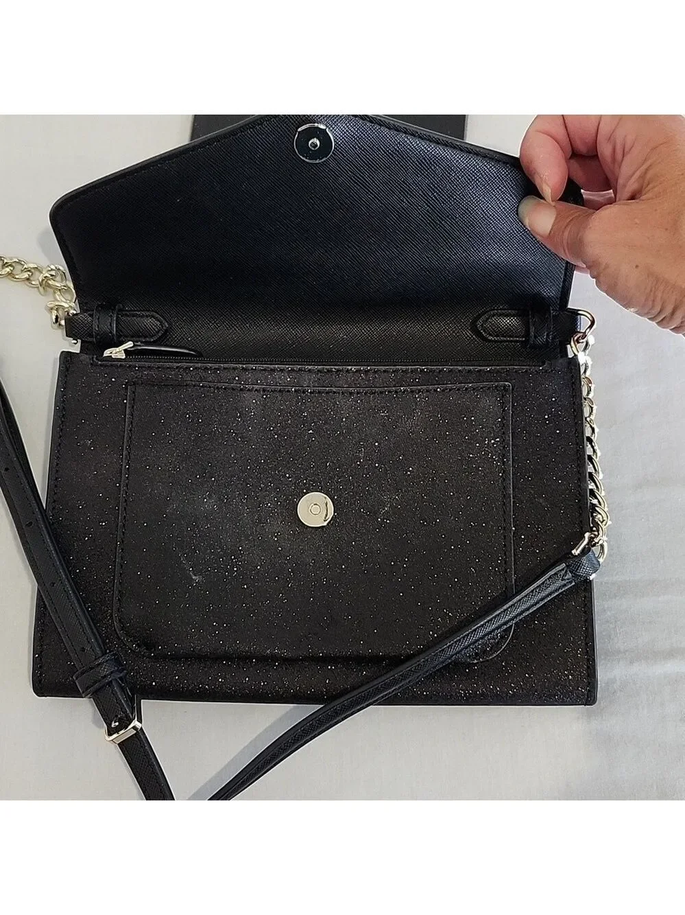 Kate Spade New York Tinsel Flap Crossbody Bag Black Glitter Removeable Strap